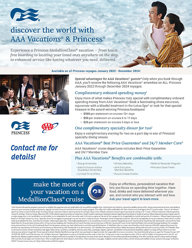 AAA Vacation AMENITIES with Princess Cruises Voyages Now thru 2024